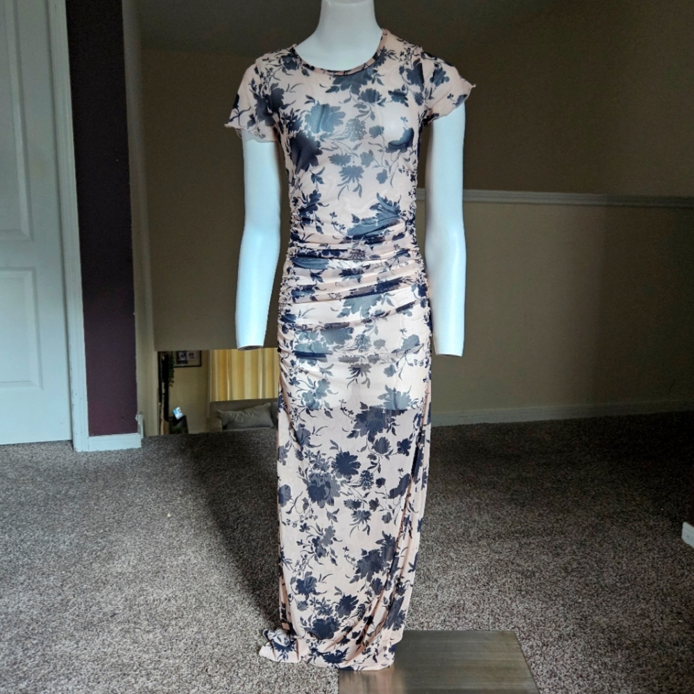 No Comment Sheer Floral Mesh Maxi Dress | Ruched High Slit | Size M